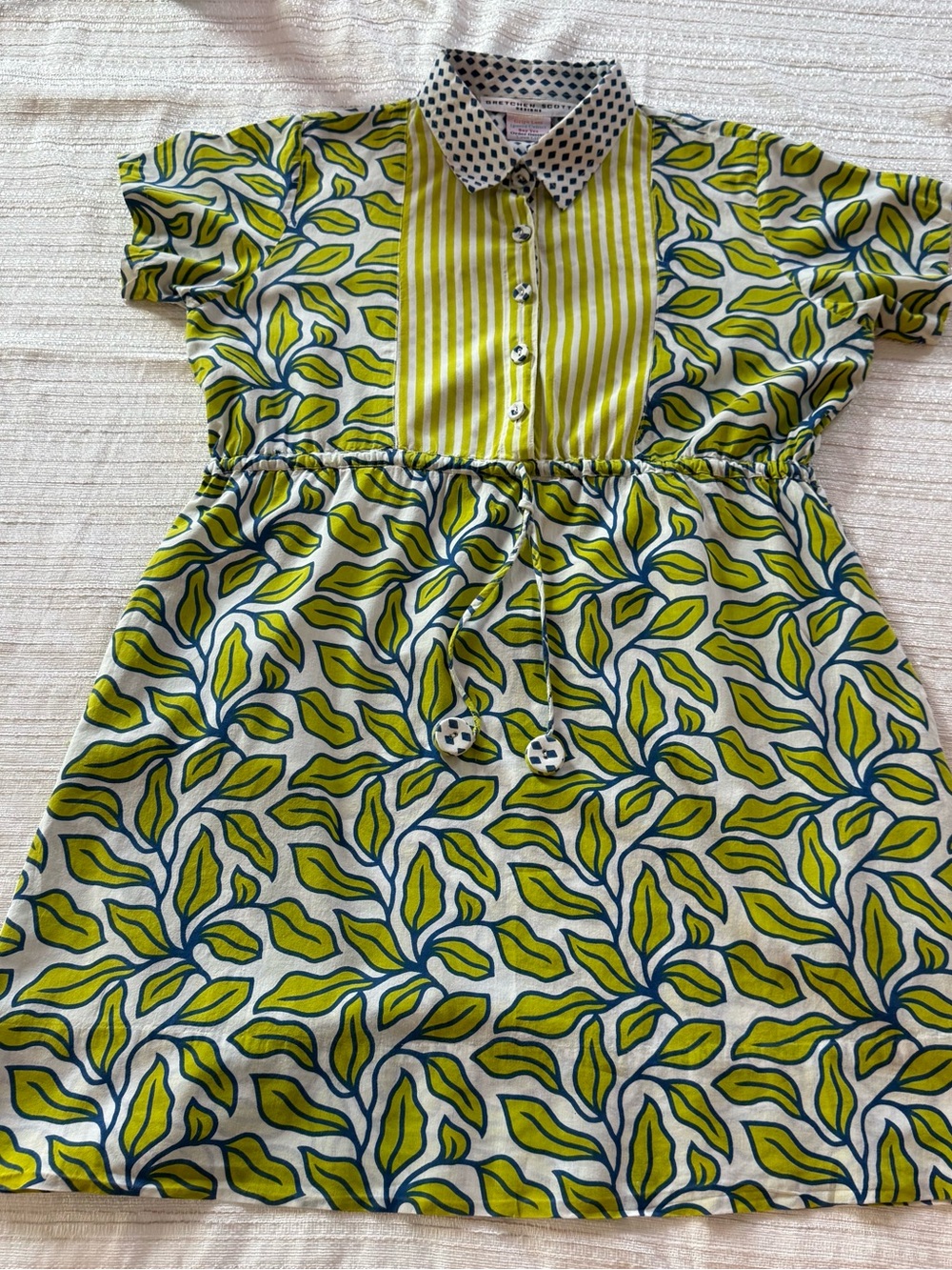Gretchen Scott Designs Lime Green and Navy Leaf Print Dress SZ M